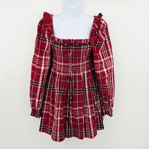Hill House Scarlet Red Crimson Tartan Plaid Long Sleeve Mini Nap Dress Small